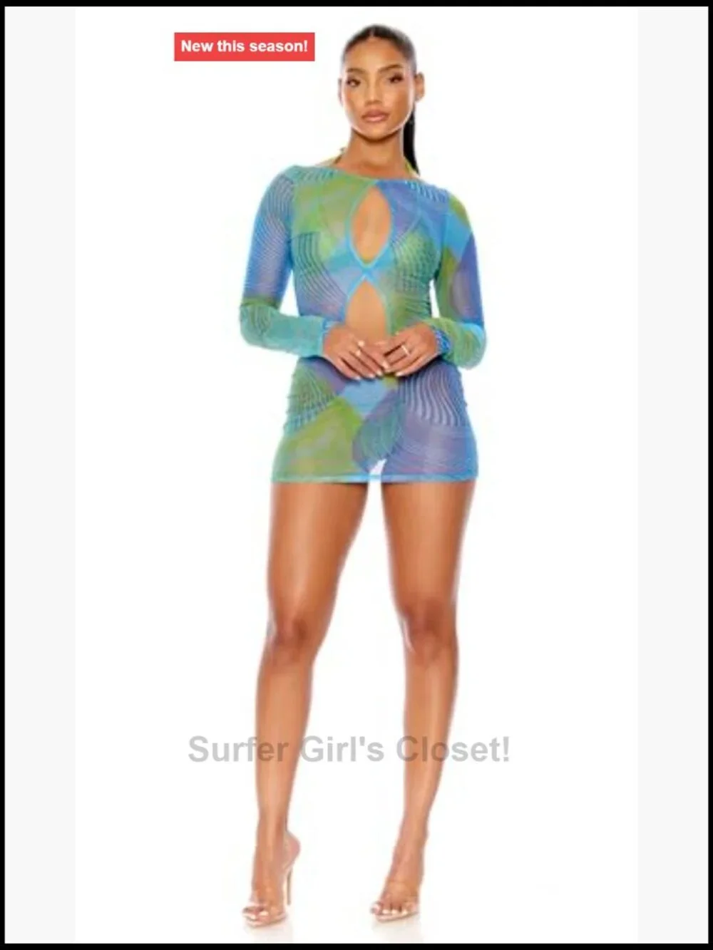Mesh Bodycon Pool Mini Dress Keyhole Neck Long Sleeve